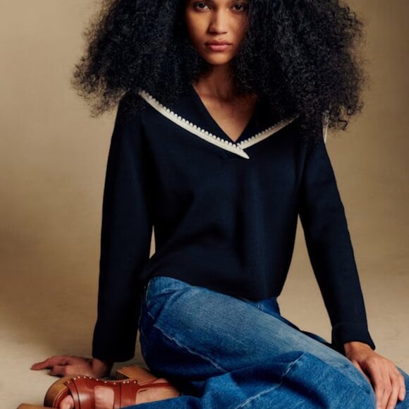 Sezane Naya Jumper Marine with Ecru Details - Picture 3 of 15